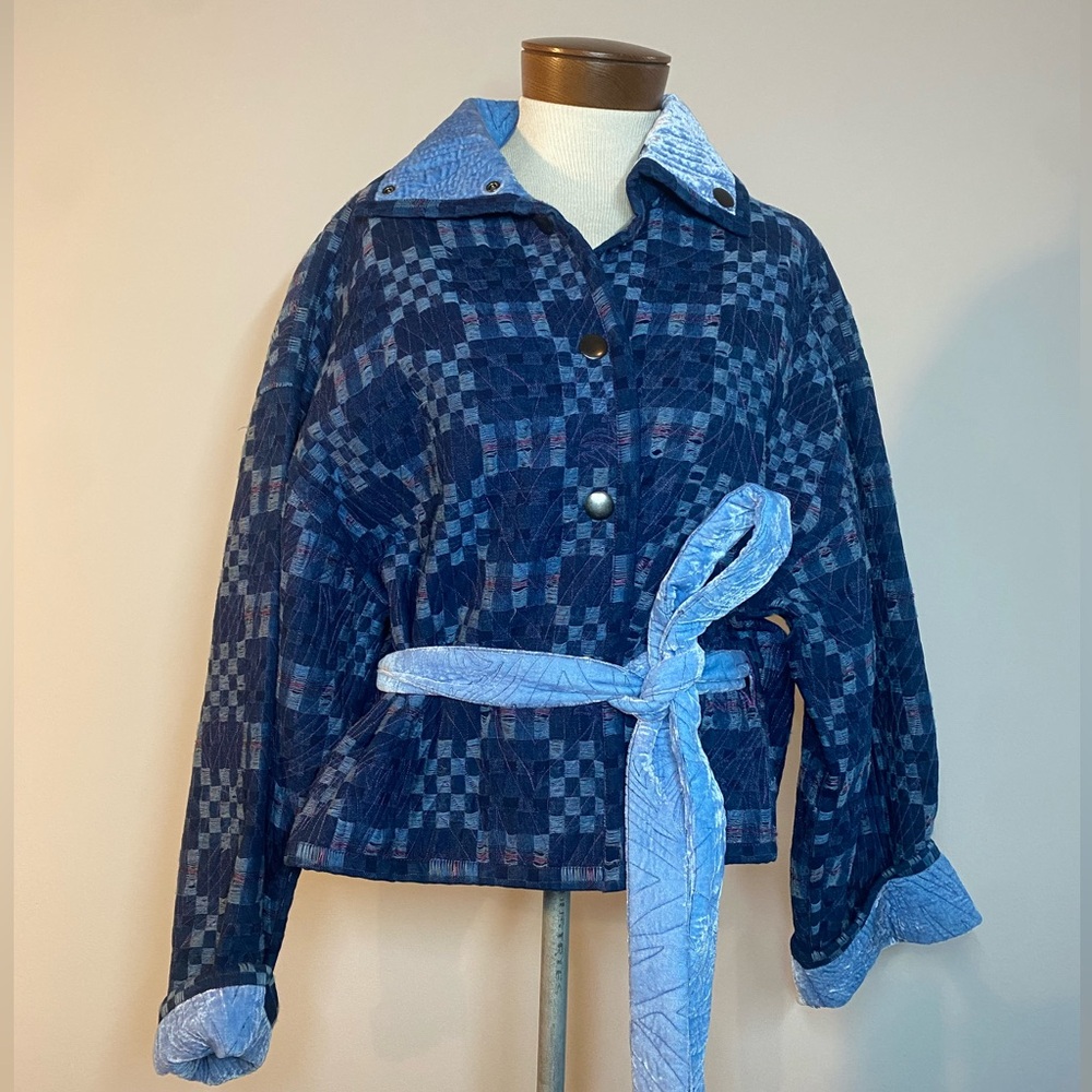 Quilted Denim Jacket Velvet Lined Statement Belted Jacquard Check by abacaxi